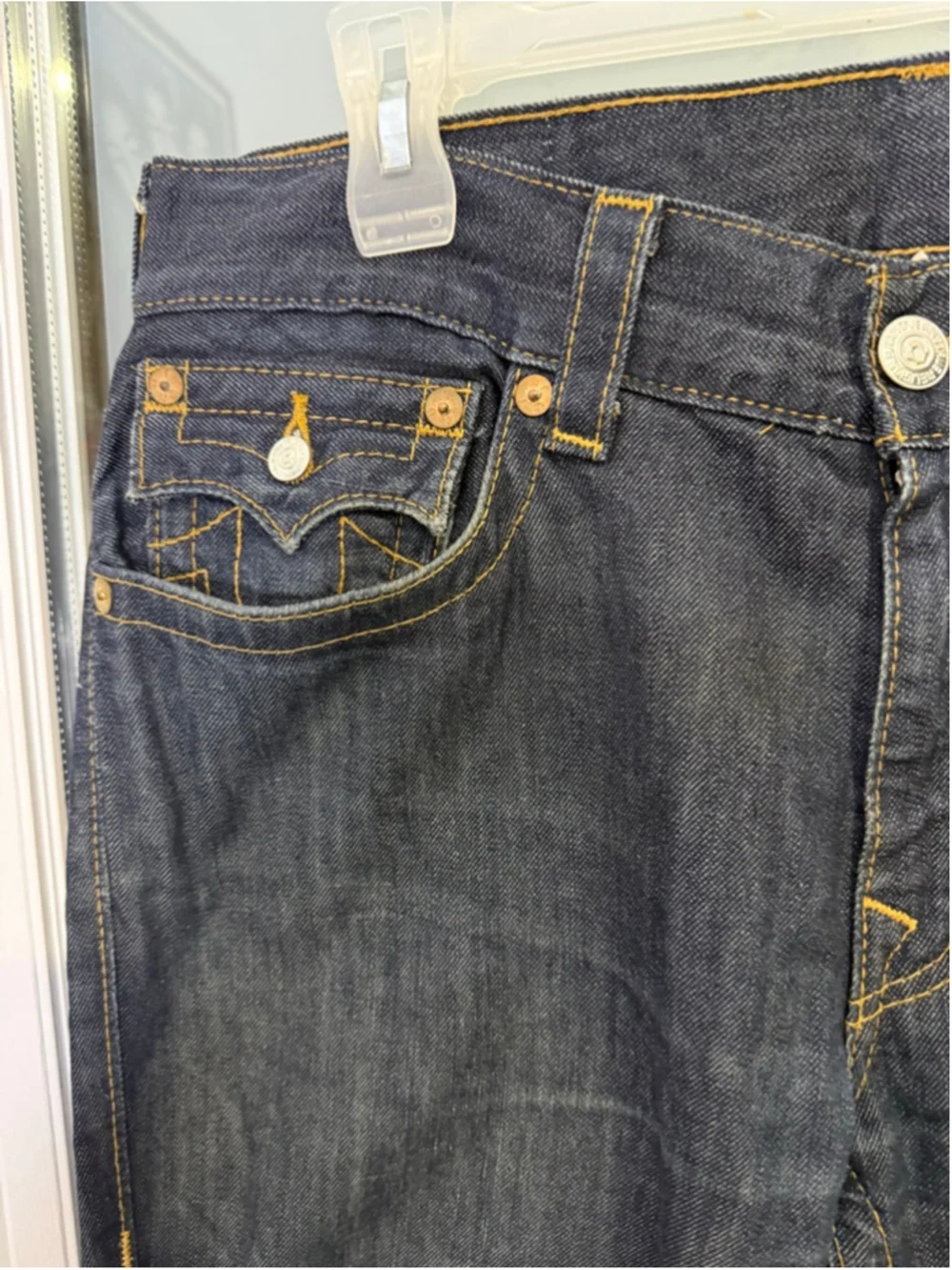 Men's True Religion Straight Leg Jeans Waist 33 Blue with Yellow Stitching